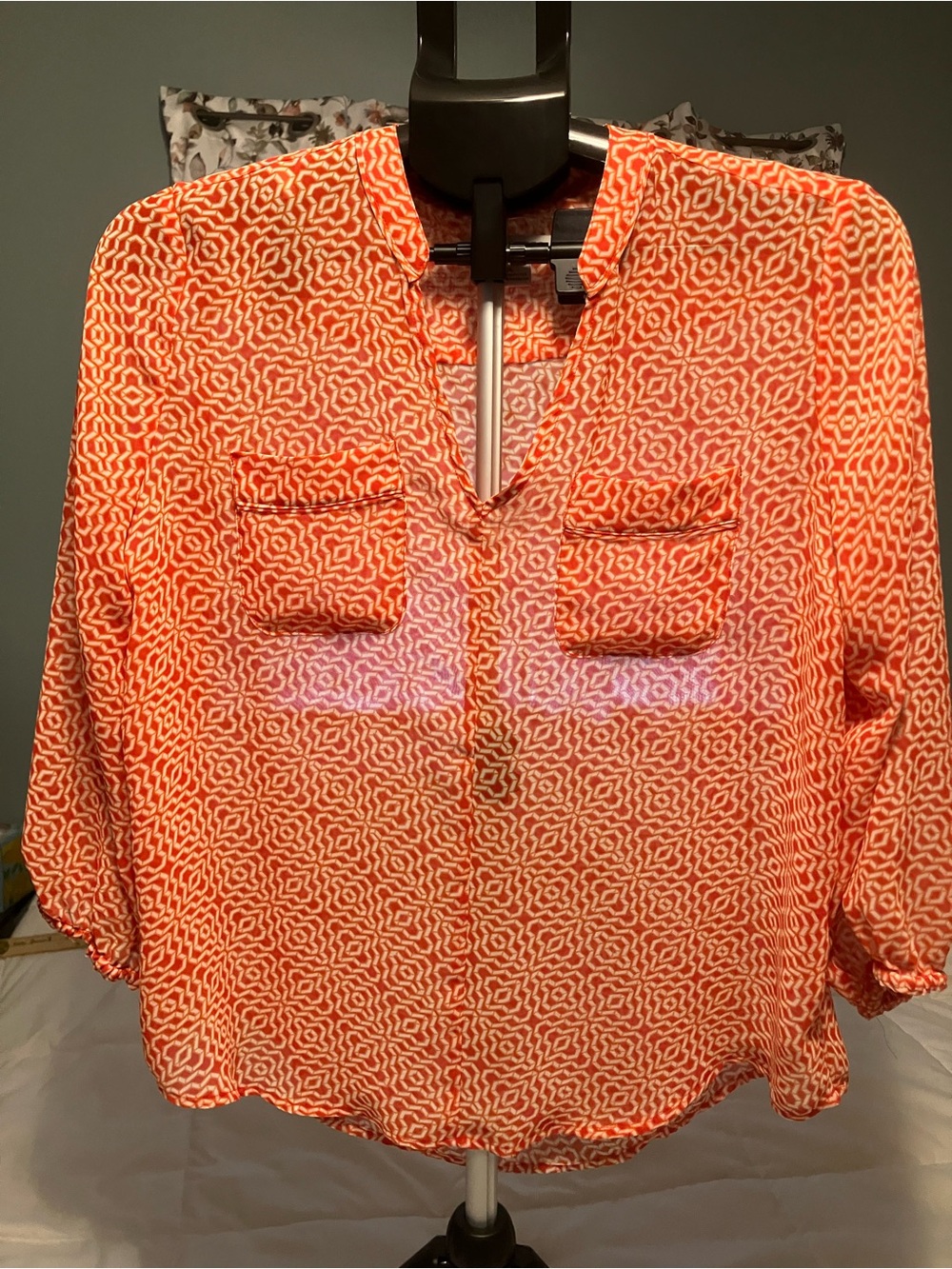 Liz Claiborne Petite Orange Geometric Print Blouse PL